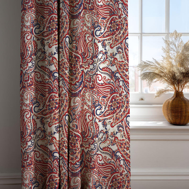 Red White Blue Paisley Curtain: Intricate Indian Pattern Print Window Panel