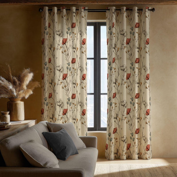 Rustic Poppy Curtain: Terra Cotta Floral Print Window Panel