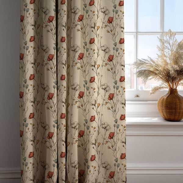 Rustic Poppy Curtain: Terra Cotta Floral Print Window Panel