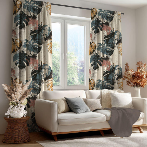 Abstract Monstera Curtain: Tropical Leaf Print Window Panel