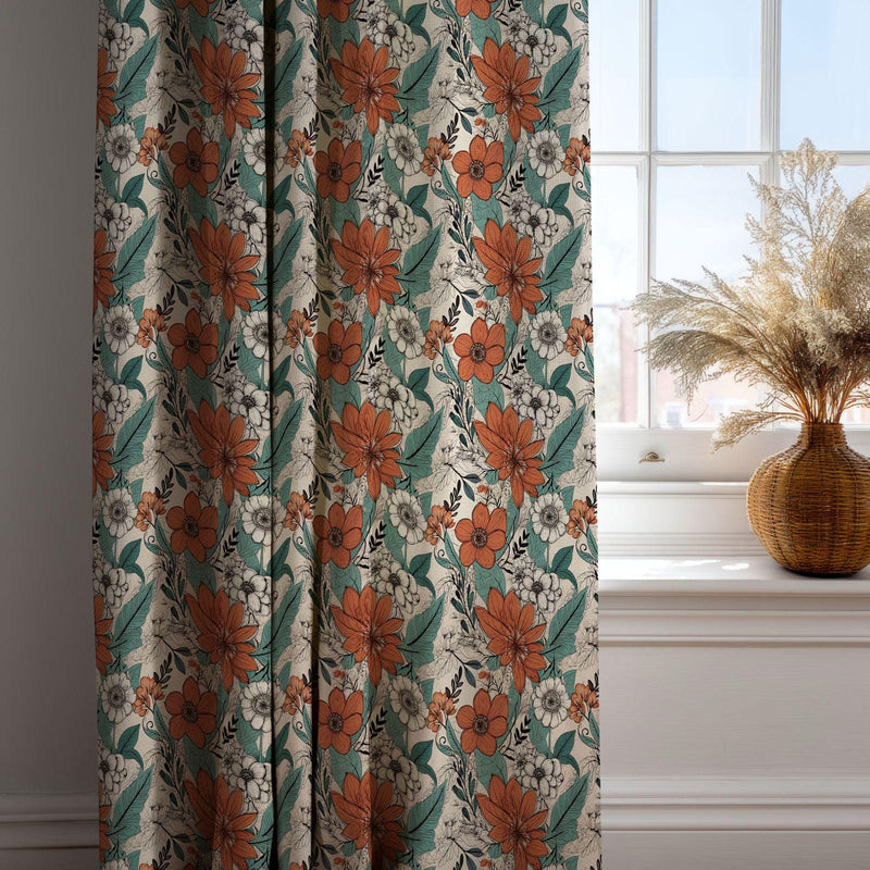 Retro Floral Curtain: Burnt Orange Flower Print Window Panel