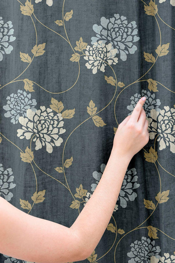 Dark Floral Linen Curtain: Beige Botanical Print Window Drape