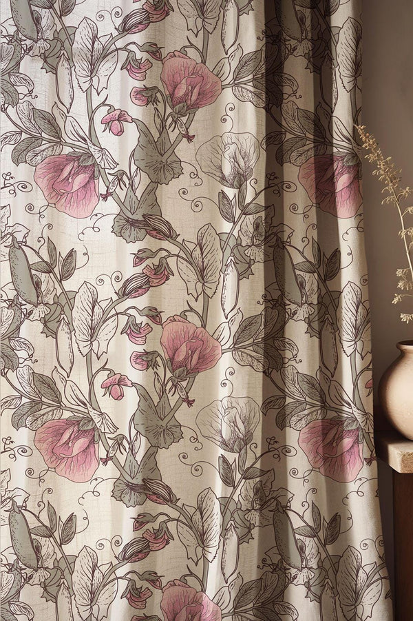 Floral Linen Curtain: Pink Botanical Sketch Art Drapes