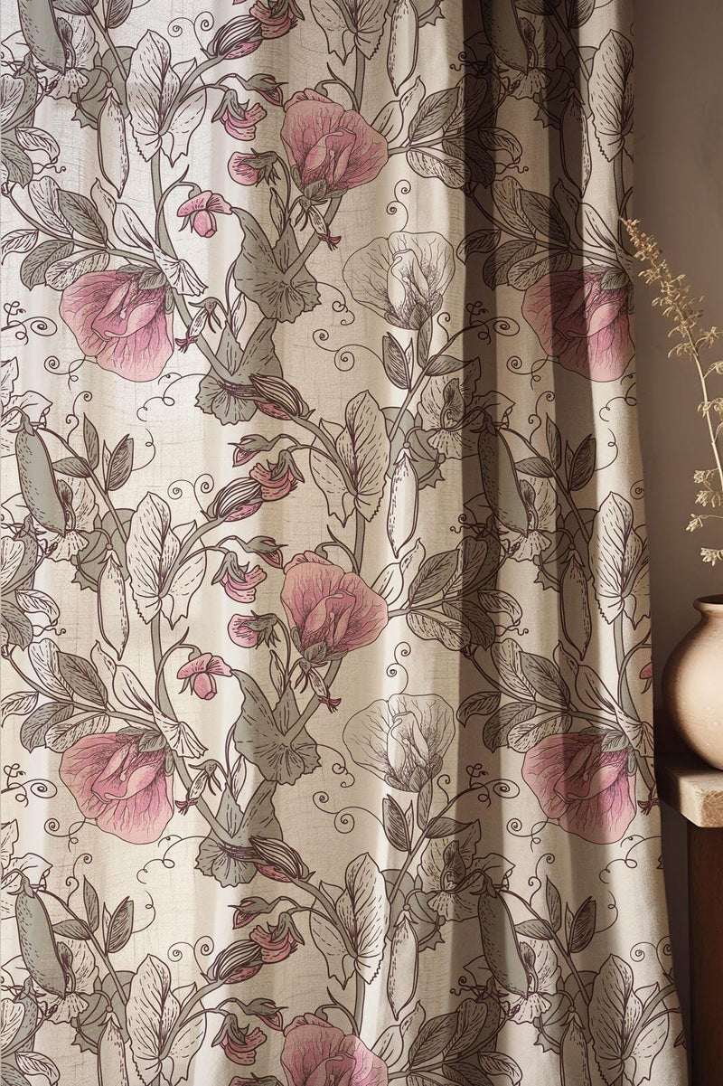 Floral Linen Curtain: Pink Botanical Sketch Art Drapes