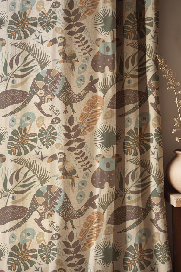 Tropical Wildlife Linen Curtain: Koala And Kangaroo Pattern Drapes, Modern Jungle Leaf Print Fabric