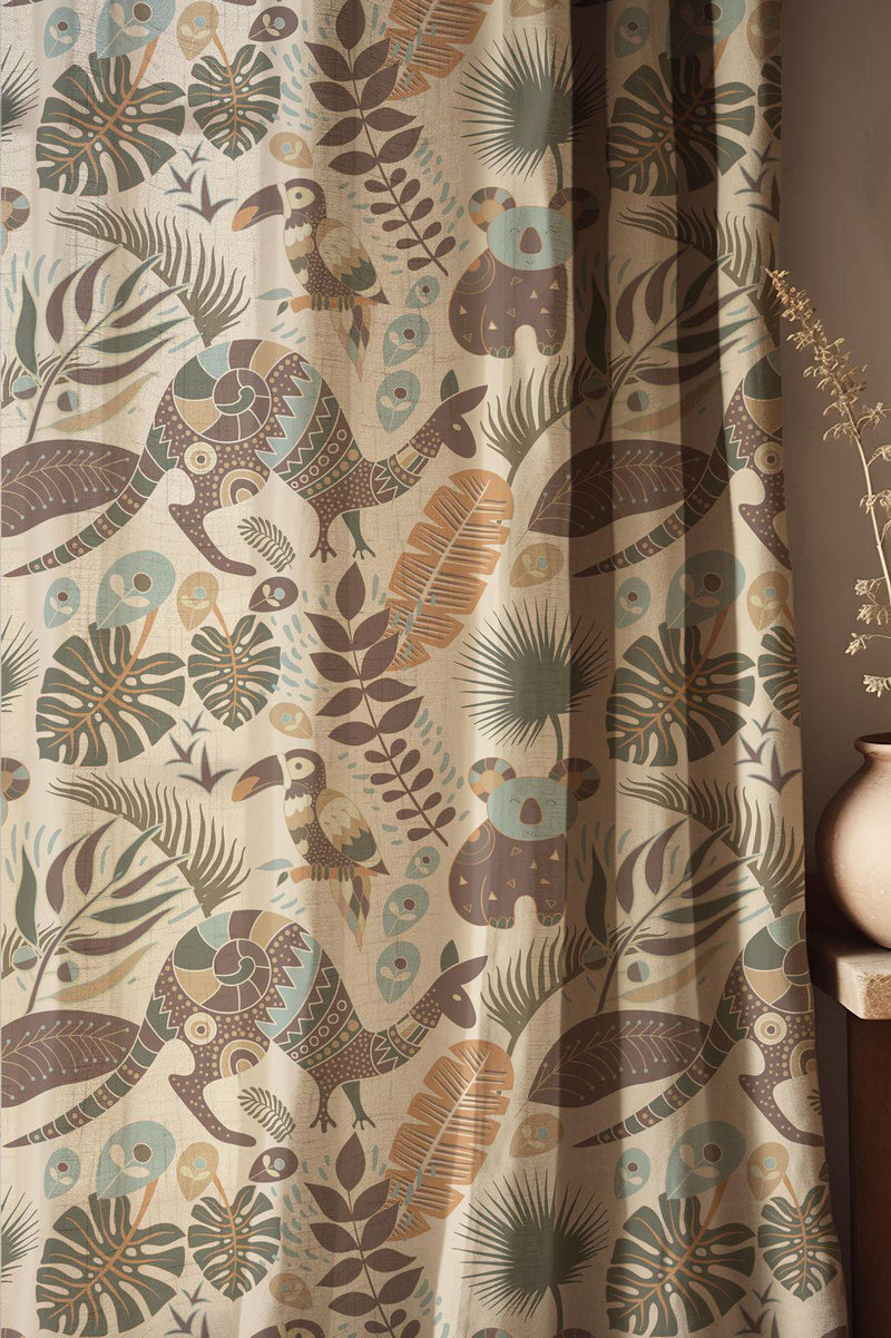 Tropical Wildlife Linen Curtain: Koala And Kangaroo Pattern Drapes, Modern Jungle Leaf Print Fabric