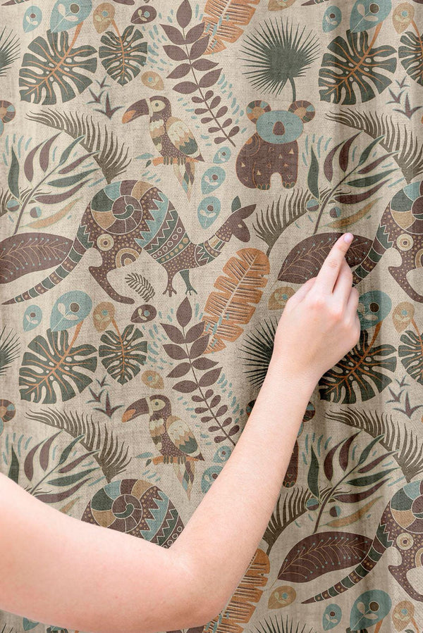 Tropical Wildlife Linen Curtain: Koala And Kangaroo Pattern Drapes, Modern Jungle Leaf Print Fabric