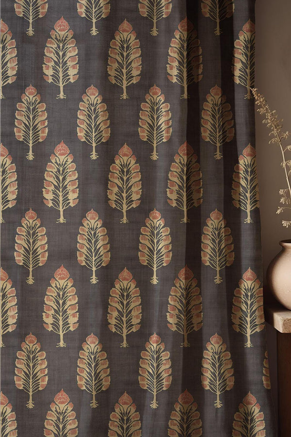 Black Botanical Linen Curtain: Golden Leaf Pattern Drapes, Elegant Vintage Style Window Fabric