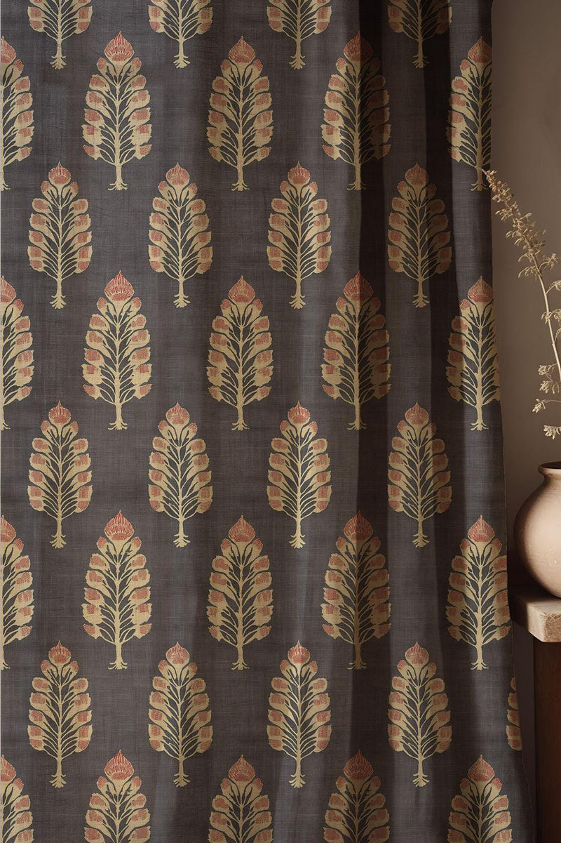Black Botanical Linen Curtain: Golden Leaf Pattern Drapes, Elegant Vintage Style Window Fabric