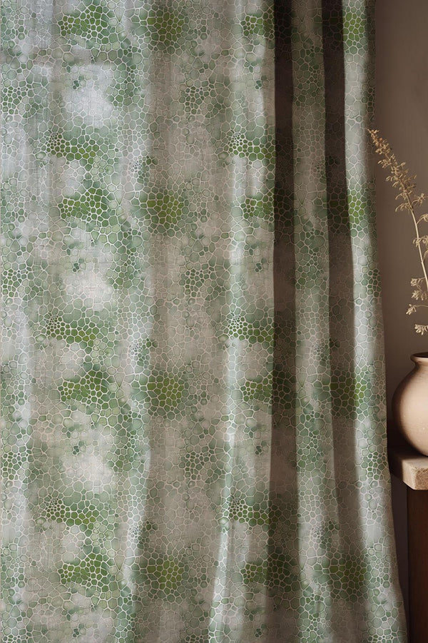 Green Mosaic Linen Curtain: Organic Cell Pattern Drapes, Modern Botanical Abstract Window Panels