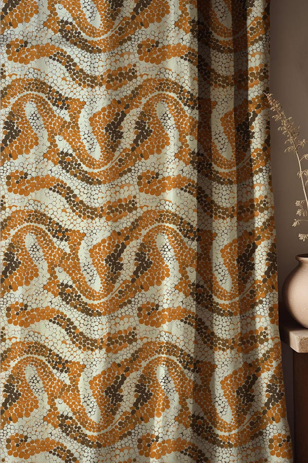 Brown Wave Dot Linen Curtain: Retro Abstract Pattern Drapes, Earthy Boho Geometric Fabric