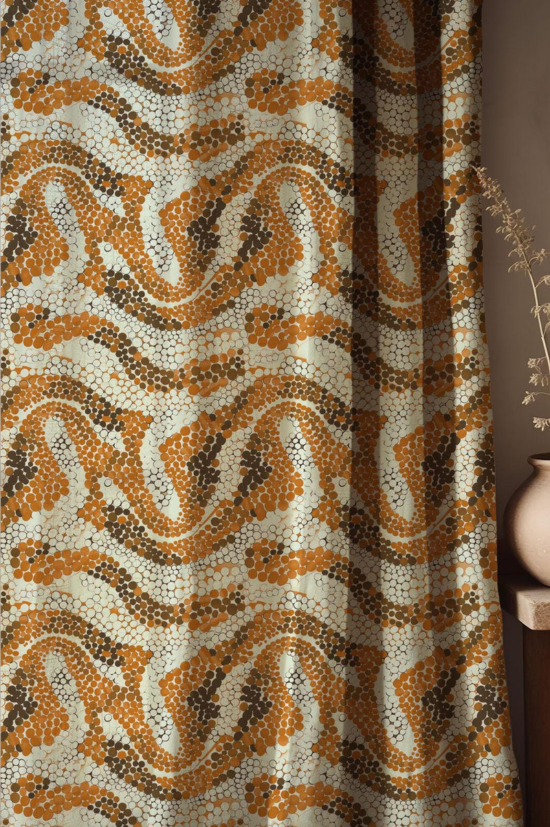 Brown Wave Dot Linen Curtain: Retro Abstract Pattern Drapes, Earthy Boho Geometric Fabric