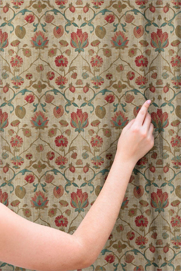 Vintage Floral Linen Curtain: Red And Blue Botanical Pattern Drapes, Traditional European Style Fabric