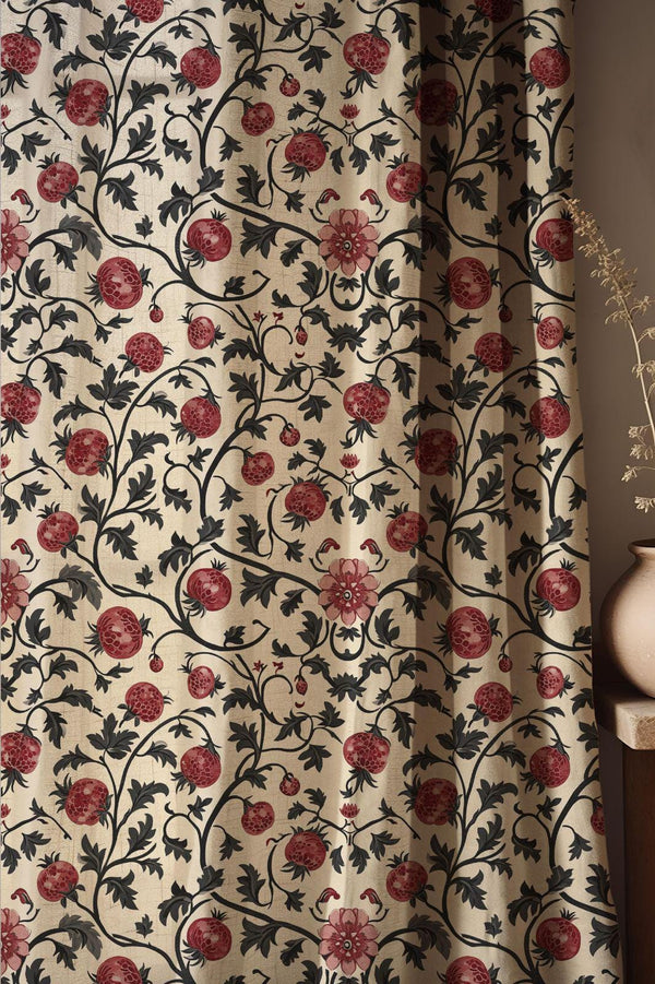 Black Pomegranate Linen Curtain: Red Fruit Botanical Drapes, William Morris Inspired Vintage Fabric