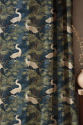 Botanical Crane Linen Curtain: Dark Blue Asian Style Drapes - Image 1