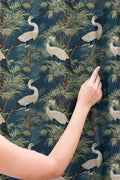 Botanical Crane Linen Curtain: Dark Blue Asian Style Drapes - Image 2