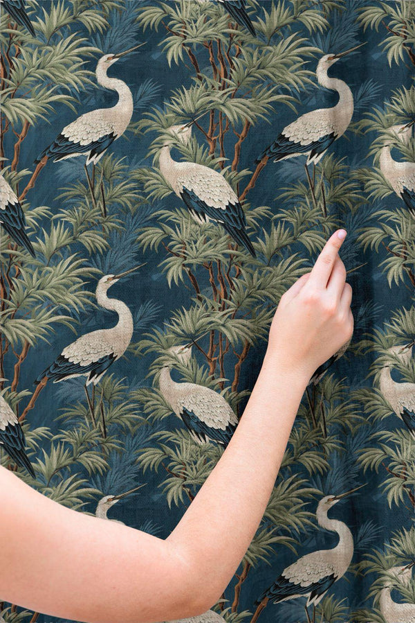 Botanical Crane Linen Curtain: Dark Blue Asian Style Drapes