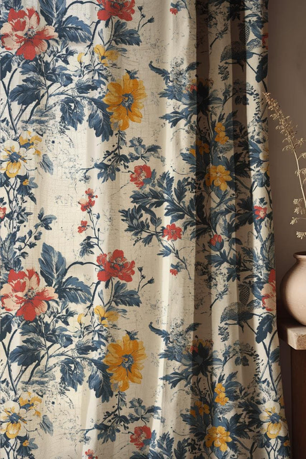 Antique Floral Linen Curtains: Bohemian Mandala, Large Bloom Decor
