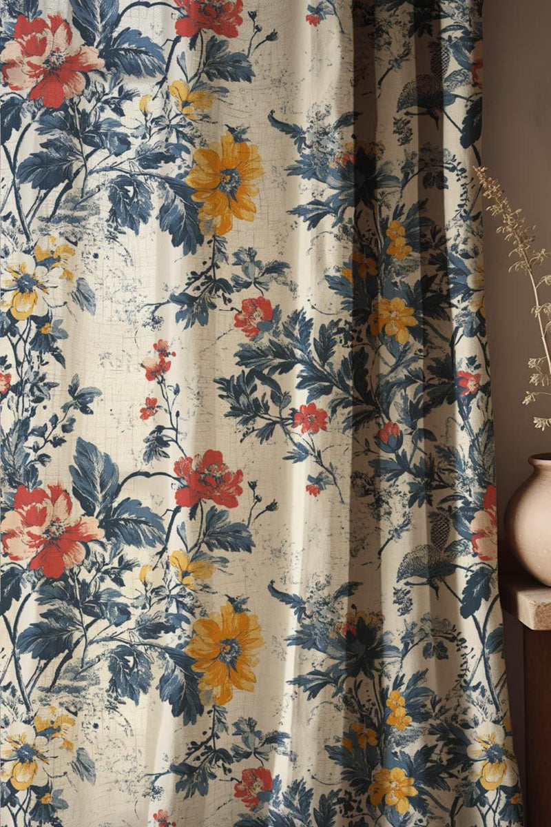 Antique Floral Linen Curtains: Bohemian Mandala, Large Bloom Decor
