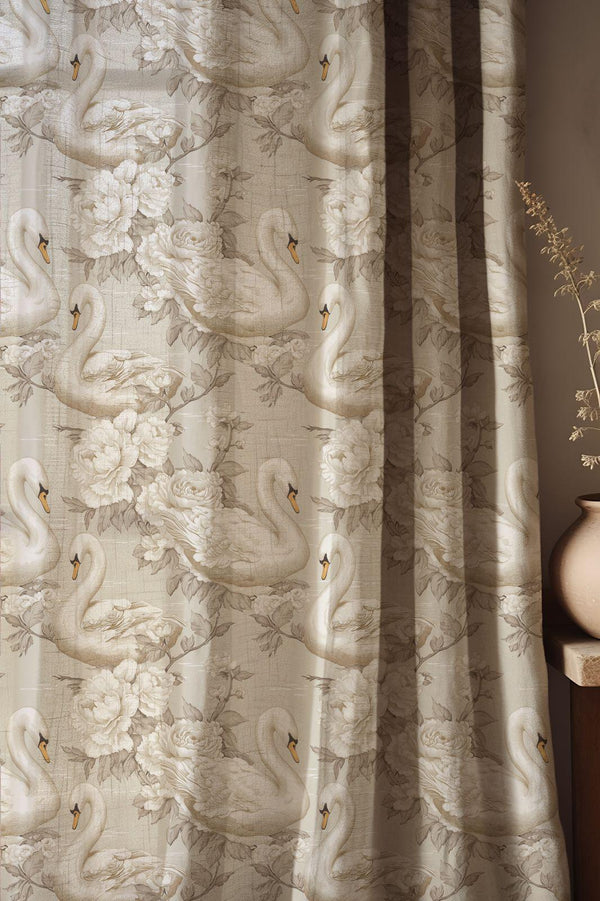 Elegant Swan Linen Curtains: Monochromatic Floral Style,  Vintage Peony Decor