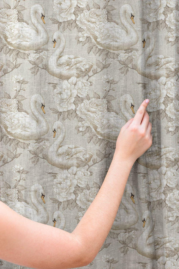 Elegant Swan Linen Curtains: Monochromatic Floral Style,  Vintage Peony Decor