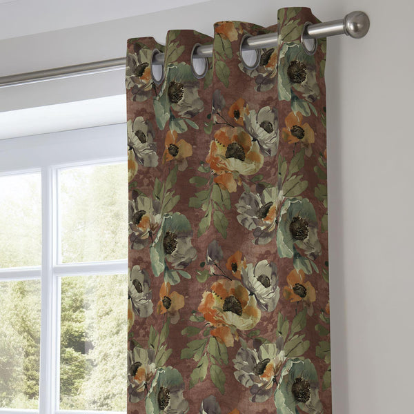 Moody Floral Curtain: Rust Brown Poppy  Window Panel