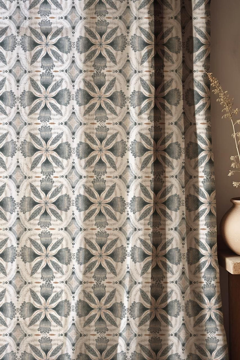 Art Deco Geometric Linen Curtains - Charcoal Blue Linen Drapes - Tribal Diamond Window Treatment