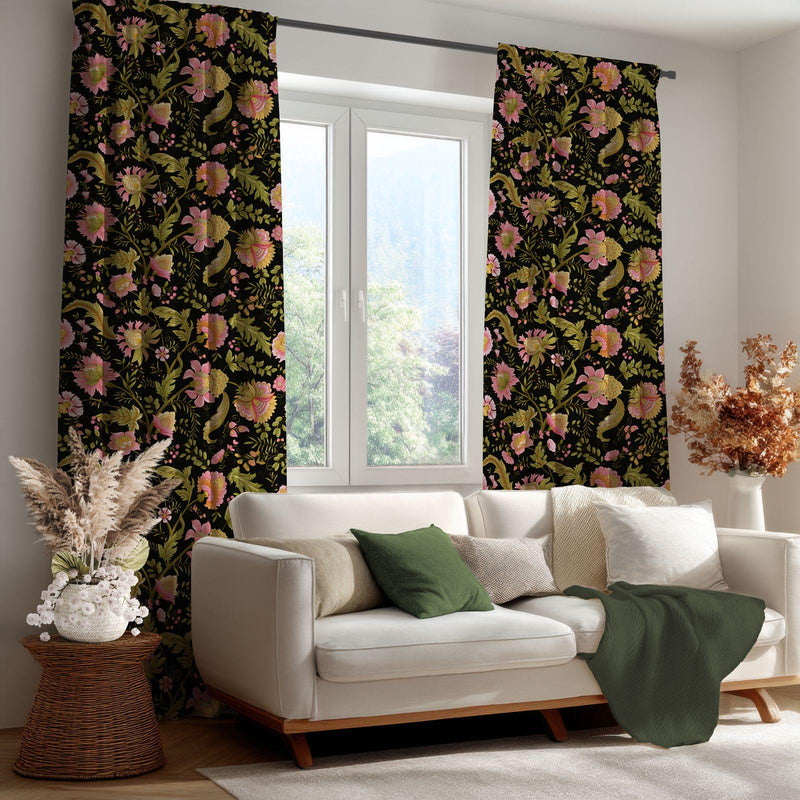 Moody Chintz Floral Curtain: Dark Botanical Print Window Panel