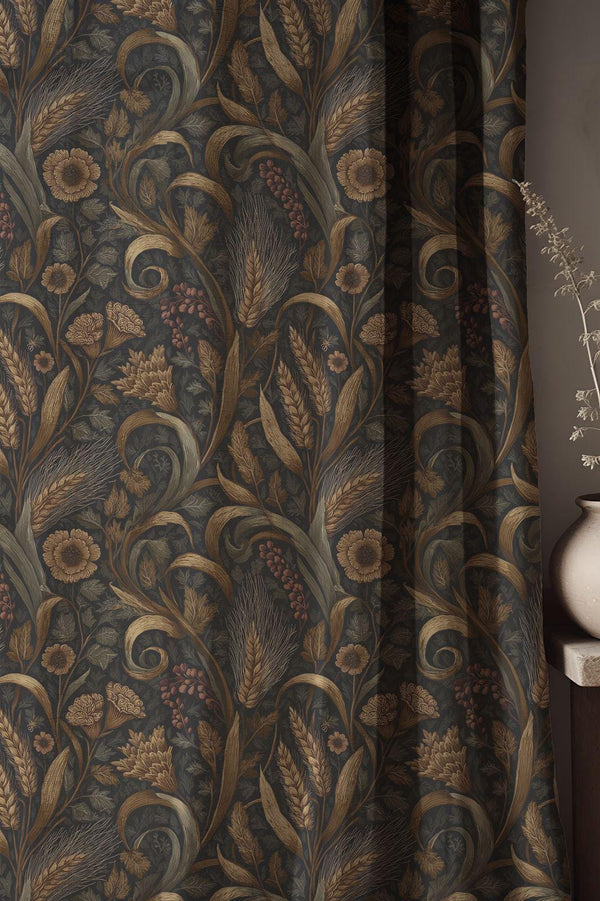 Dark Wheat Linen Curtains - Arts and Crafts Drapes - William Morris Style Window Treatment
