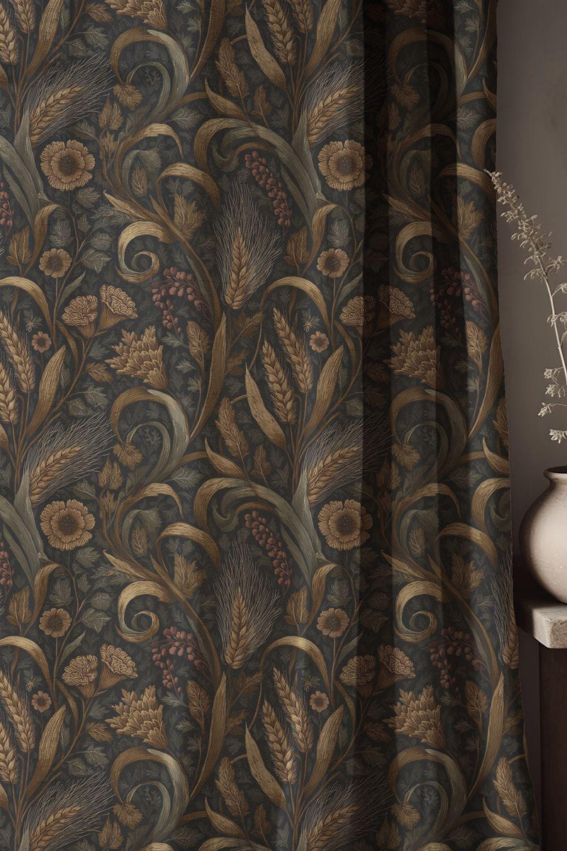 Dark Wheat Linen Curtains - Arts and Crafts Drapes - William Morris Style Window Treatment