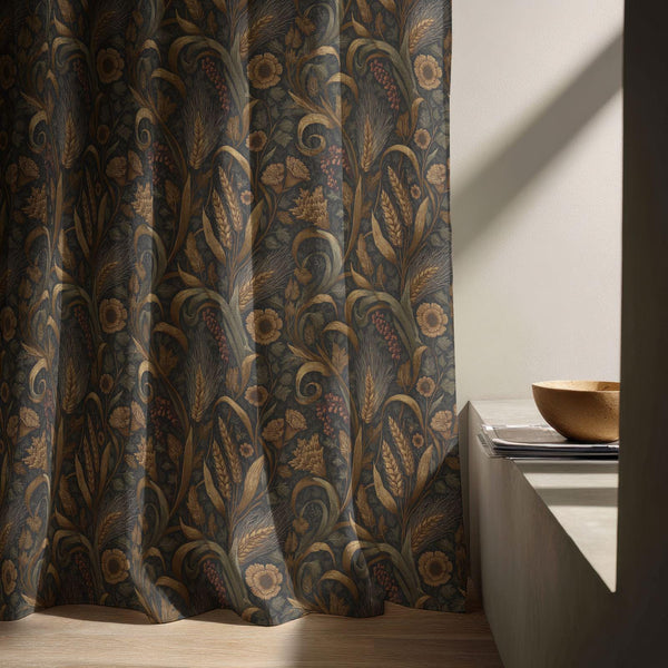 Dark Wheat Linen Curtains - Arts and Crafts Drapes - William Morris Style Window Treatment