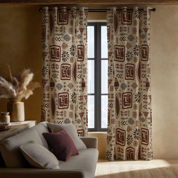 African Tribal Curtain: Geometric Mudcloth Style Print Window Panel