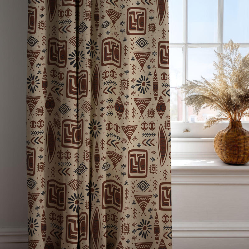 African Tribal Curtain: Geometric Mudcloth Style Print Window Panel