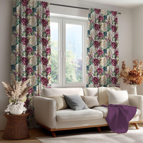Romantic Watercolor Rose Curtain: Vintage Hydrangea Print Window Panel