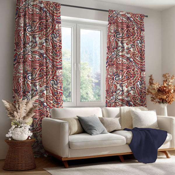 Red White Blue Paisley Curtain: Intricate Indian Pattern Print Window Panel
