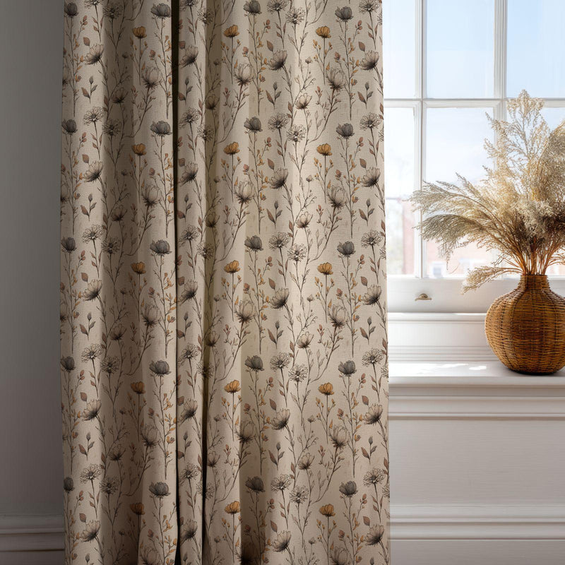 Vintage Wildflower Curtain: Neutral Meadow Print Window Panel