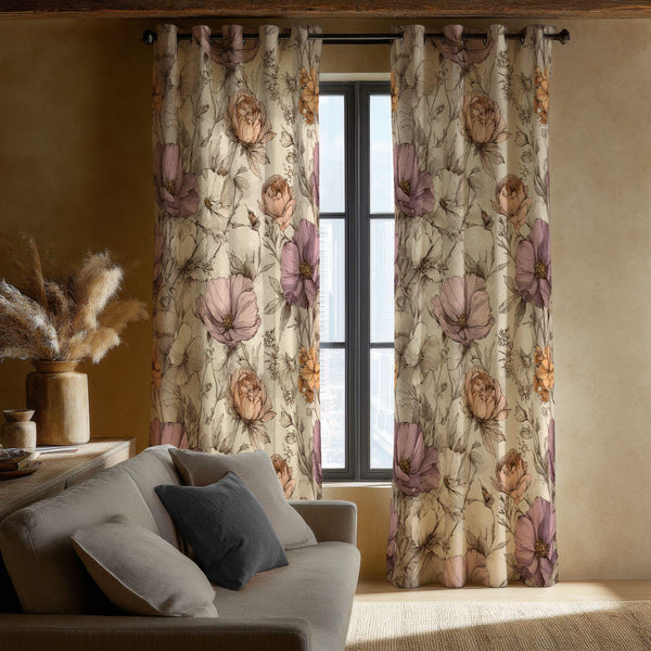 Vintage Peony Curtain: Lavender and Peach Floral Print Window Panel