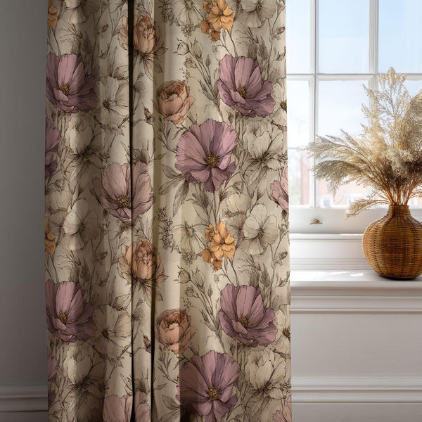 Vintage Peony Curtain: Lavender and Peach Floral Print Window Panel