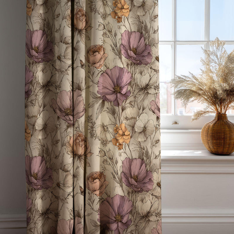 Vintage Peony Curtain: Lavender and Peach Floral Print Window Panel