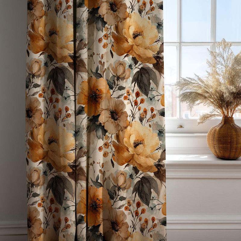Mustard Yellow Peony Curtain: Watercolor Botanical Print Window Panel