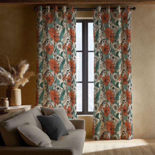Retro Floral Curtain: Burnt Orange Flower Print Window Panel
