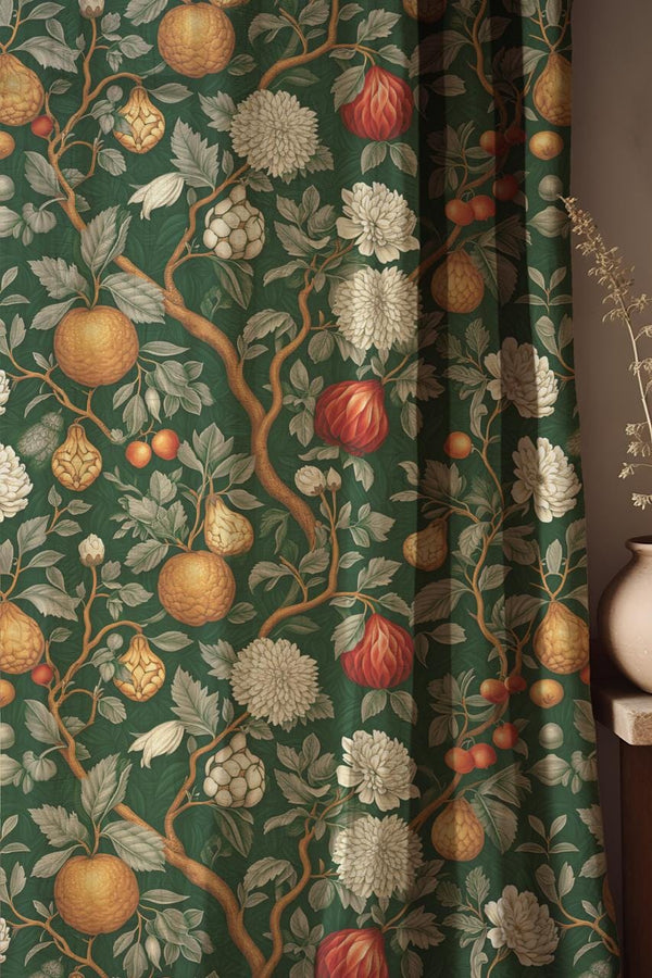 Dark Green Fruit Linen Curtains - William Morris Style Drapes - Vintage Botanical Window Treatment