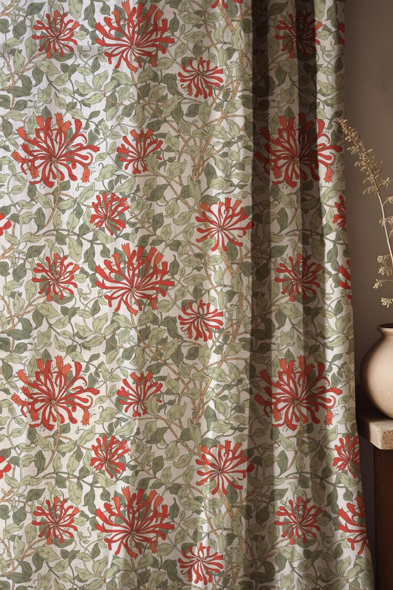 Honeysuckle Floral Linen Curtains - Red and Green Botanical Drapes - William Morris Style Window Treatment