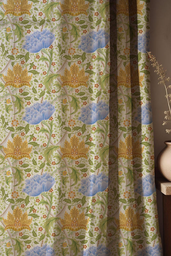Blue and Gold Floral Linen Curtains - William Morris Drapes - Botanical Window Treatment