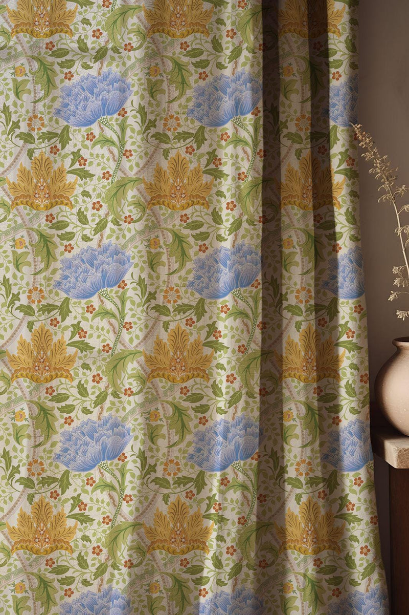 Blue and Gold Floral Linen Curtains - William Morris Drapes - Botanical Window Treatment