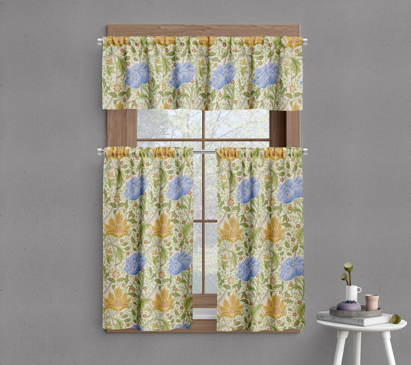 Blue and Gold Floral Linen Curtains - William Morris Drapes - Botanical Window Treatment