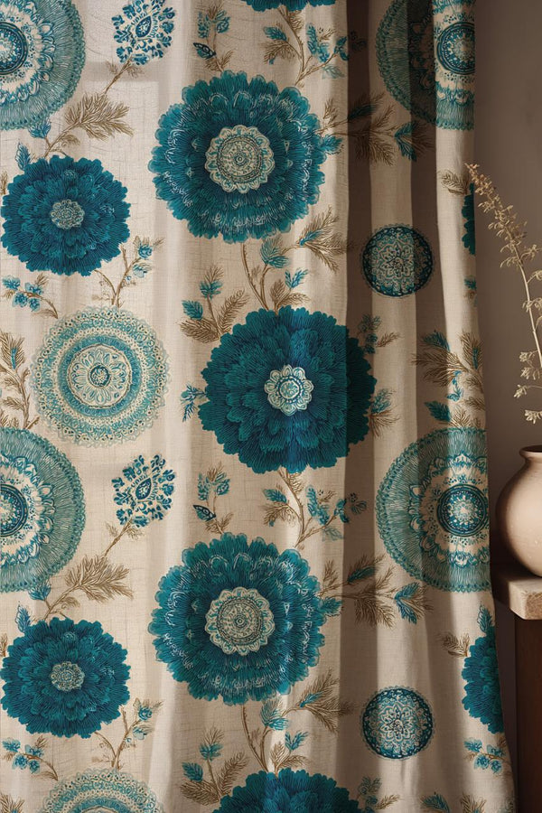 Teal Blue Floral Linen Curtains: Bohemian Mandala, Large Bloom Decor