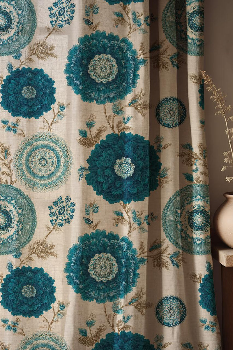 Teal Blue Floral Linen Curtains: Bohemian Mandala, Large Bloom Decor