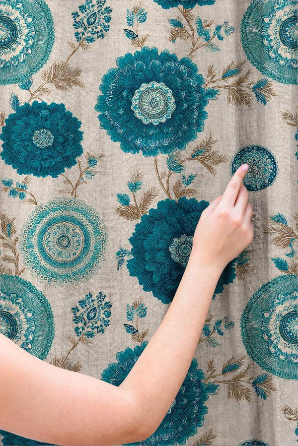Teal Blue Floral Linen Curtains: Bohemian Mandala, Large Bloom Decor