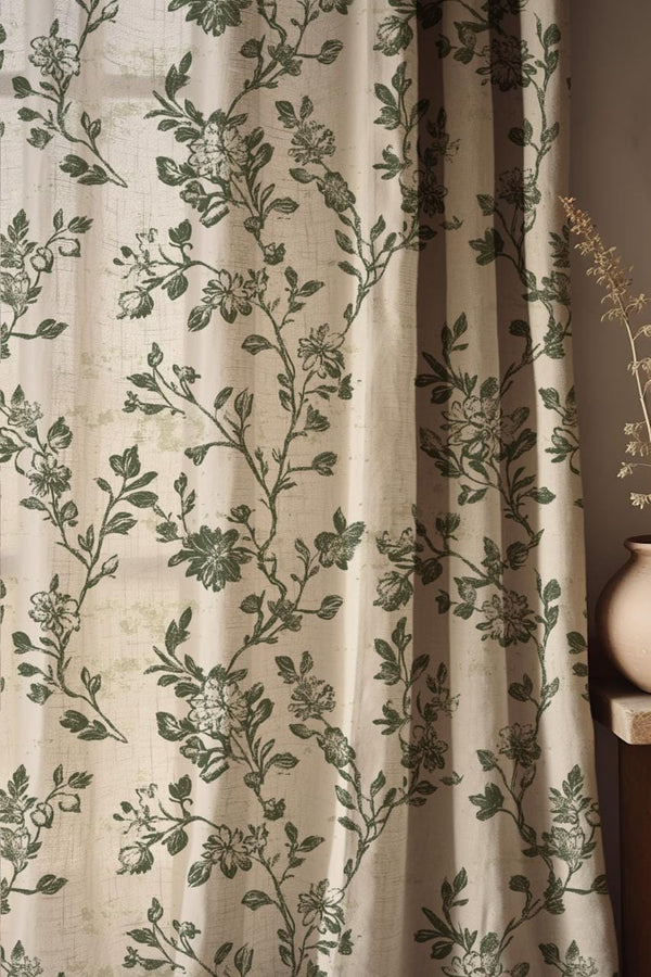 Rustic Green Botanical Linen Curtains: Toile Style,  Vintage Shabby Chic Decor